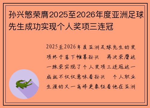 孙兴慜荣膺2025至2026年度亚洲足球先生成功实现个人奖项三连冠